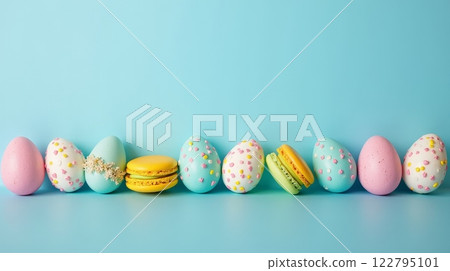 Colorful decorated Easter eggs and pastel macarons arranged in a row on blue background. Easter celebration concept with copy space 122795101