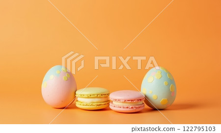 Decorated Easter eggs and pastel macarons arranged on an orange background with copy space. Easter and spring concept 122795103