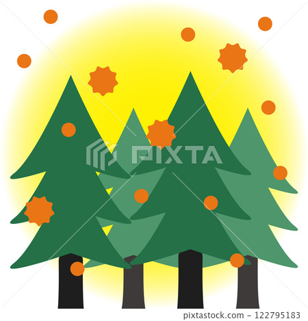 Illustration of cedar and cypress trees scattering pollen on white background 122795183