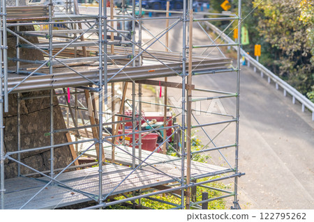 Sendai Castle stone wall restoration work - scaffolding 122795262