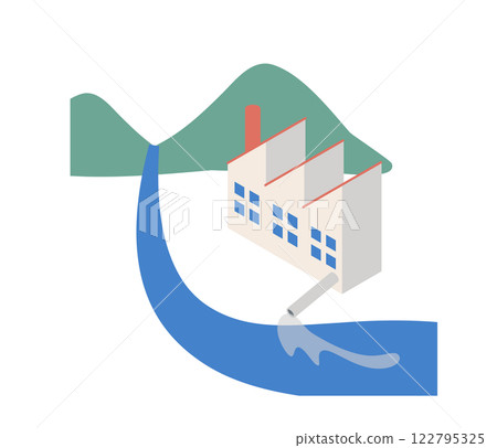 Isometric illustration of a factory discharging wastewater into a river Isometric illustration of a factory discharging wastewater into a river 122795325