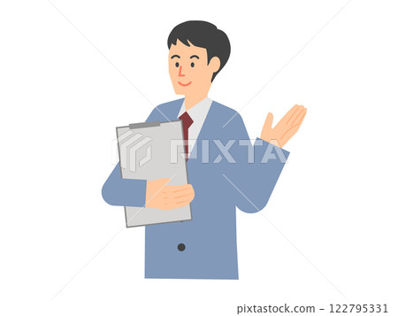 一名男子一手使用電腦，另一手舉起建議的插圖 122795331