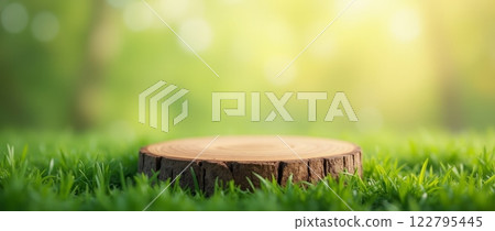 Round wooden stump on green grass in sunlight. Natural outdoor mockup for product display or eco design concept 122795445