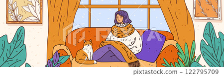 Cozy home scene woman cat relaxing indoors. Warmly dressed woman with cat on orange sofa in living room with plants and window Cozy home scene woman cat relaxing indoors. Warmly dressed woman with cat on orange sofa in living room with plants and window 122795709