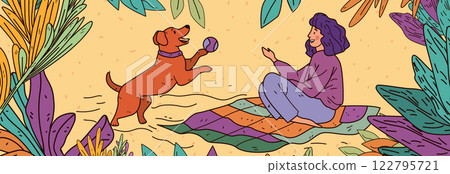 Woman and dog playing outdoors scene. A woman sits on a colorful blanket smiling at a dog holding a ball surrounded by vibrant foliage Woman and dog playing outdoors scene. A woman sits on a colorful blanket smiling at a dog holding a ball surrounded by vibrant foliage 122795721