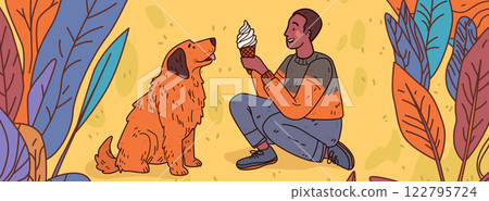 Dog and person sharing ice cream outdoors. A person kneels offering an ice cream cone to a sitting dog surrounded by colorful leaves on a yellow background 122795724