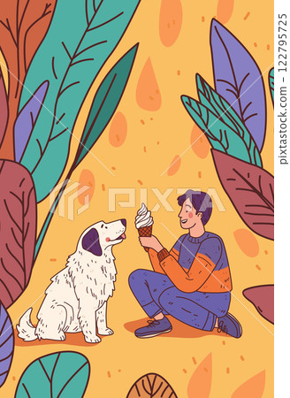 Dog and person enjoying ice cream outdoors. A person sits holding ice cream facing a dog amidst colorful leaves on an orange background. Ideal for website design 122795725