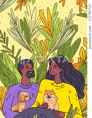 Couple with dogs nature background colorful scene. Smiling man and woman holding pets surrounded by lush leaves. Bright colors detailed design 122795727