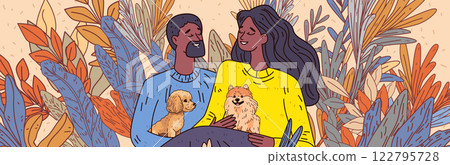 Couple with dogs nature theme colorful foliage cozy scene smiling people surrounded by vibrant leaves warm tones sweaters with pet illustrations lifestyle concept Couple with dogs nature theme colorful foliage cozy scene smiling people surrounded by vibrant leaves warm tones sweaters with pet illustrations lifestyle concept 122795728