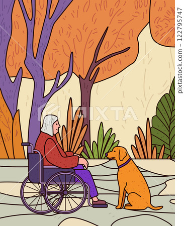 Elderly woman wheelchair autumn park dog companionship serene outdoor scene vibrant trees leaves colorful nature digital art Elderly woman wheelchair autumn park dog companionship serene outdoor scene vibrant trees leaves colorful nature digital art 122795747