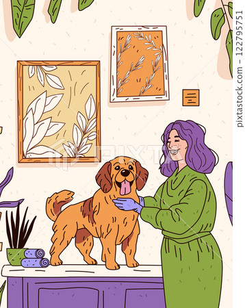 Dog grooming scene with woman and pet care theme. Woman with purple hair grooms a happy brown dog on a table in a cozy room with plants and framed art 122795751