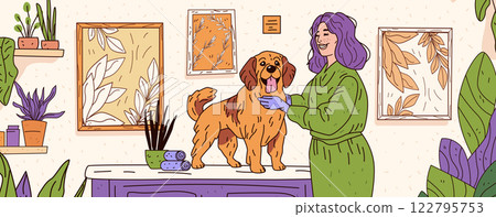 Dog grooming scene with woman smiling. Cozy room with plants and framed art. Dog on table receiving care. Warm colors and detailed decor. Perfect for pet care content 122795753