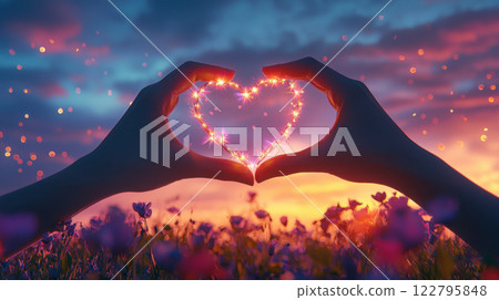 Hands forming glowing heart shape with sparkles 122795848