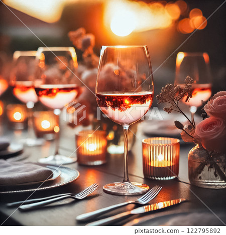 dinner party, sunset, table setting 122795892