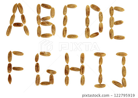 Alphabet of date fruit seeds. 122795919