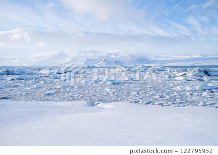 Iceland, Vatnajokull National Park. Panoramic view of the ice lagoon. Iceland, Vatnajokull National Park. Panoramic view of the ice lagoon. 122795932