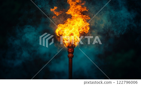 Flaming Torch with Dramatic Lighting 122796006
