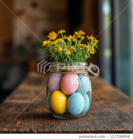 A rustic jar of pastel Easter eggs on a wooden table, symbolizing holiday celebration and tradition. A rustic jar of pastel Easter eggs on a wooden table, symbolizing holiday celebration and tradition. 122796066