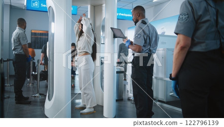 Passengers Passing Through Metal Detector Scanner. Airport Staff Control People TSA Screening Procedure Passengers Passing Through Metal Detector Scanner. Airport Staff Control People TSA Screening Procedure 122796139
