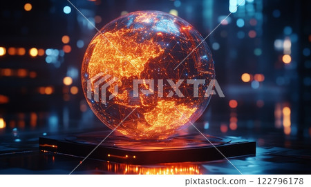 A glowing sphere surrounded by digital patterns and light effects. Ideal for sci-fi or tech innovation themes. 122796178