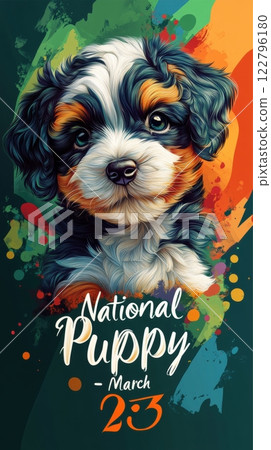 Vibrant artistic portrait of playful puppy with multicolored fur highlights excitement of National Puppy Day on March 23. 122796180
