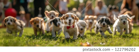 Lively and adorable scene of several puppies of various breeds and colors playing on lush green lawn. Running, paying and exploring. 122796202