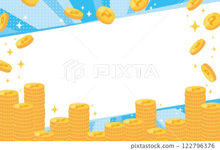 時尚的背景插圖與堆積的閃光硬幣（藍色） 122796376