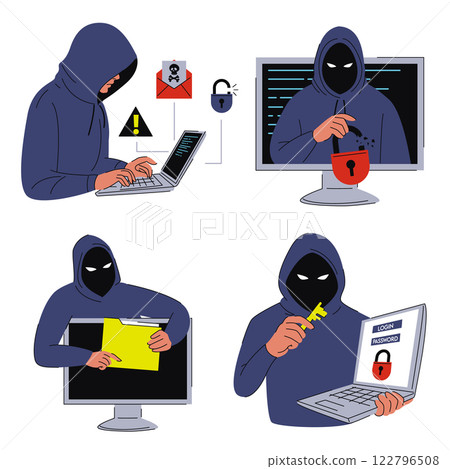 Hacker stealing personal data set vector isolated Hacker stealing personal data set vector isolated 122796508