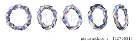 3D curved chrome rings collection, silver metallic futuristic circle shape, cosmic mercury object.  122796515
