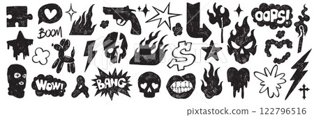 Hand drawn grunge shape set, vector crayon texture rock punk music design object, flame sticker.  122796516