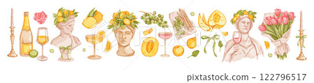 Italian wedding decoration set, vector hand drawn watercolor antique sculpture, Amalfi lemon, fruit. 122796517