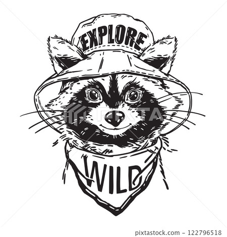 Cute funny raccoon portrait, vector hand drawn hiking character design, forest animal trendy print.  122796518