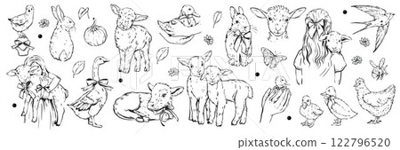 Cute farm domestic animals set, vector doodle easter lamb rabbit hand drawn illustration little girl Cute farm domestic animals set, vector doodle easter lamb rabbit hand drawn illustration little girl 122796520