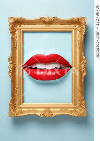 Female lips in golden picture frame. Abstract Wall art design. Generative Ai image 122796736