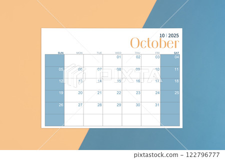 October 2025 calendar page on yellow and blue background. 122796777