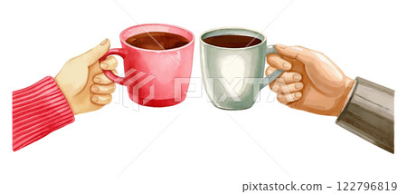 手持咖啡杯的水彩插圖 AI 生成 122796819