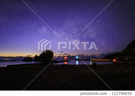 Ohama Beach, Tokushima Prefecture, Japan - Ohama Beach, the torii gate of Tateshima Shrine, and the Milky Way at dawn 122796850