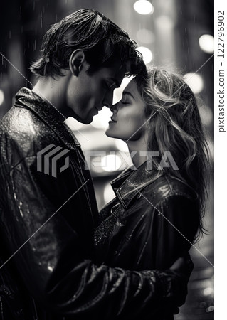 Couple in Love kissing in the rain. Black and white photography. Generative Ai Couple in Love kissing in the rain. Black and white photography. Generative Ai 122796902
