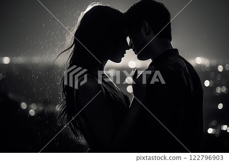 Couple in Love kissing in the rain. Black and white photography. Generative Ai 122796903