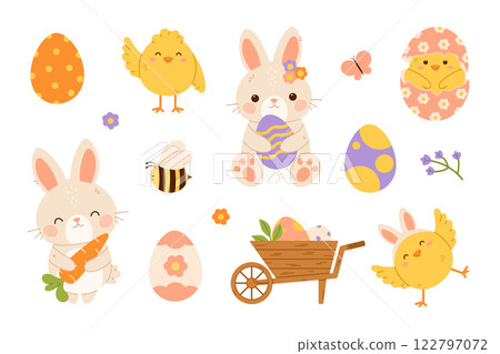 Easter decoration set. Easter bunny, chicks and eggs. Flat vector isolated illustration Easter decoration set. Easter bunny, chicks and eggs. Flat vector isolated illustration 122797072