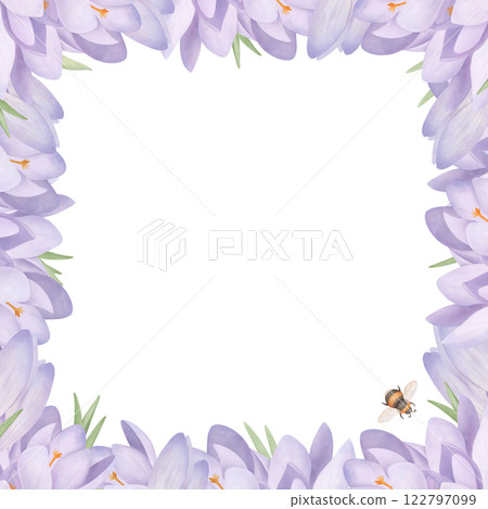 Square flower frame with purple crocuses and a bumblebee. Watercolor springtime background with space for text. Floral design for wedding invitation and greeting card. 122797099