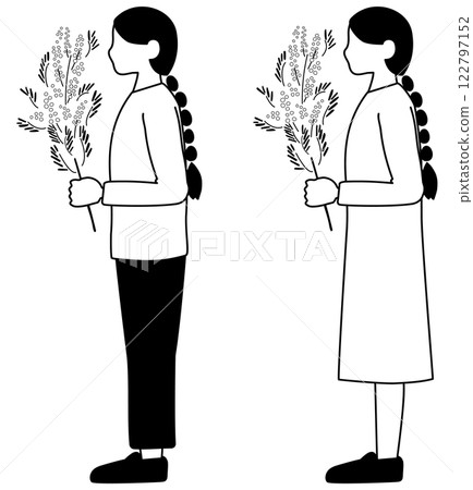一位手持含羞草酒的女士的全身黑白插圖 一位手持含羞草酒的女士的全身黑白插圖 122797152