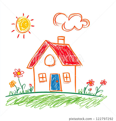 House with flowers and a sun on a white background. A child's colorful drawing with a bright sun in the corner on a white paper. The drawing is simplistic and charming kids style House with flowers and a sun on a white background. A child's colorful drawing with a bright sun in the corner on a white paper. The drawing is simplistic and charming kids style 122797292