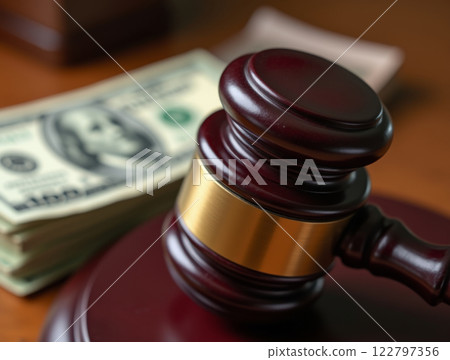 Judges gavel in focus, with blurred dollar bills behind 122797356
