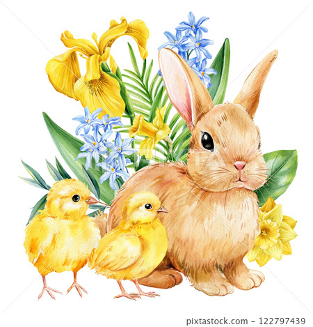 lovely bunny with yellow irises and blue hyacinths, watercolor easter rabbit with flowers and chicks for greeting card 122797439