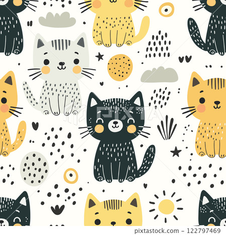 Seamless pattern with cute cartoon cats in black, yellow, and gray tones surrounded by abstract shapes and doodles. Seamless pattern with cute cartoon cats in black, yellow, and gray tones surrounded by abstract shapes and doodles. 122797469
