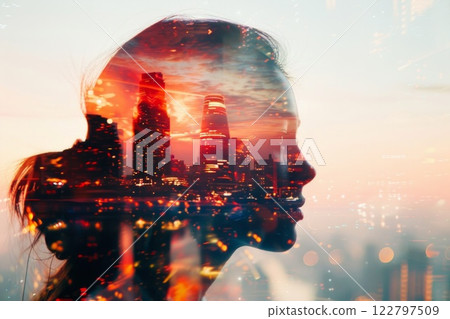 Double exposure of young woman and building exterior. Neural network ai generated art 122797509