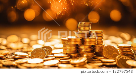 Pile of golden coins with gold bokeh background. Jackpot fortune concept. Generative AI 122797548
