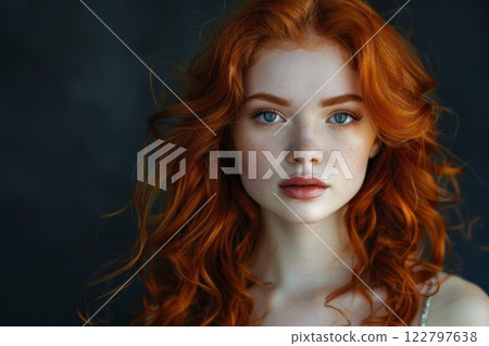 Young woman with striking red hair and pale skin gazes softly at camera. Dark background accentuates her vibrant hair and subtle expression. Neural network AI generated 122797638