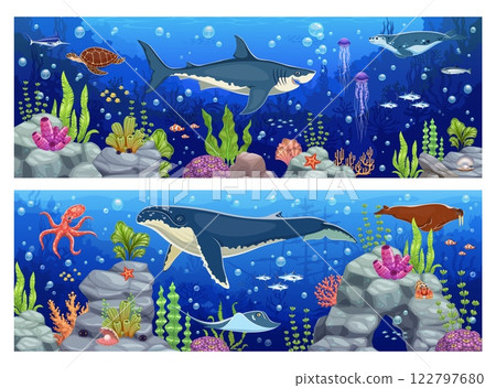 Underwater landscape game background with cartoon sea animals and seaweeds. Sea wildlife vector backdrop, underwater nature landscape wallpaper with shark, whale, seal, turtle and octopus, stingray 122797680